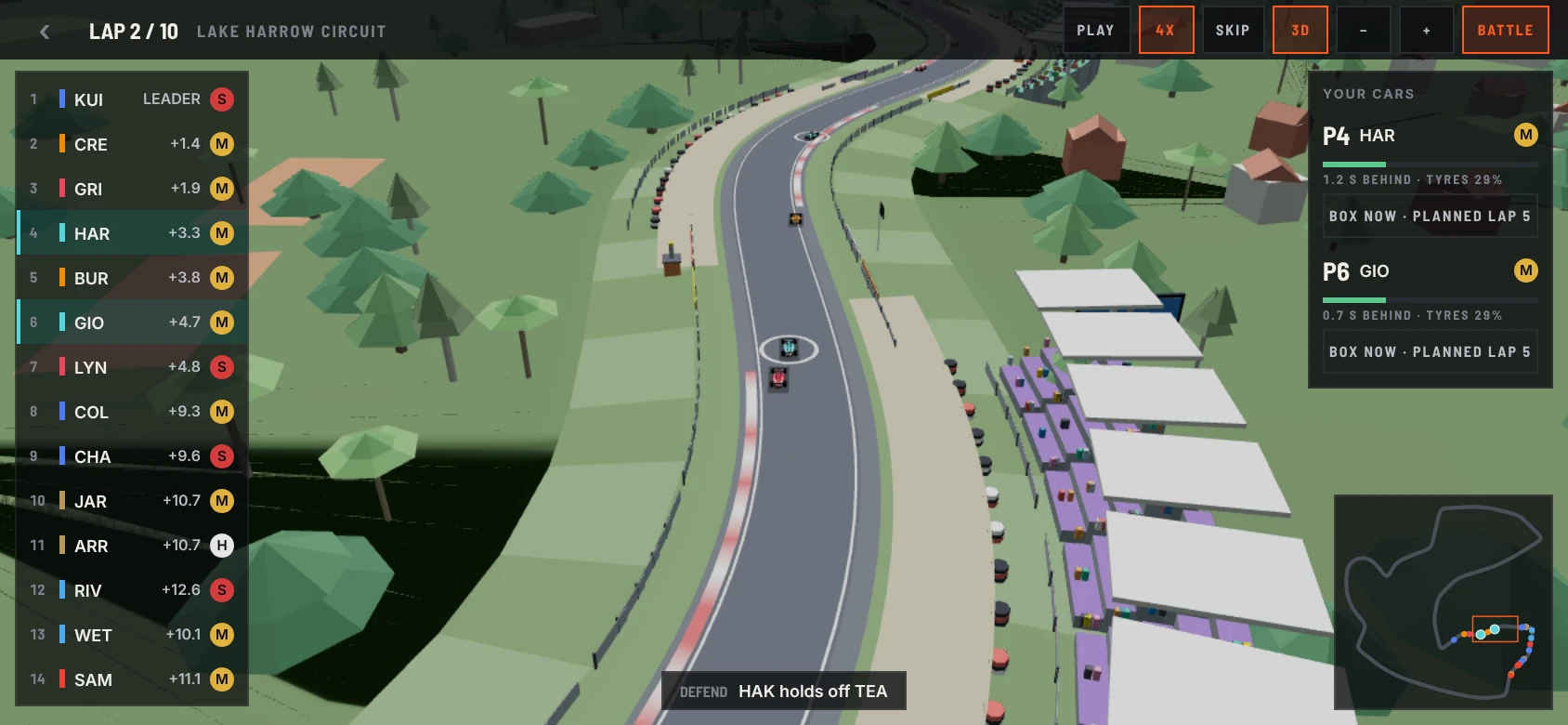 Podium race replay, lap 2 of 10, 3D chase view on Lake Harrow Circuit